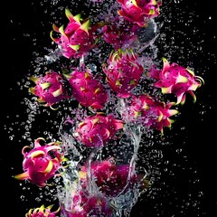 Exotic Dragon Fruit Splashes Into Black Tank: A Vibrant Display of Tropicalism and Freshness