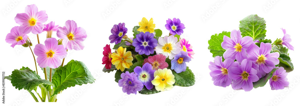 Sticker Stunning white background with spring primula flowers.