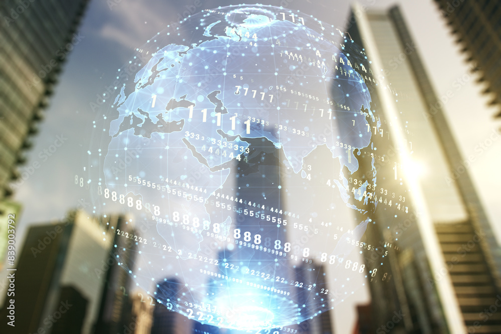 Poster double exposure of abstract programming language hologram and world map on modern skyscrapers backgr