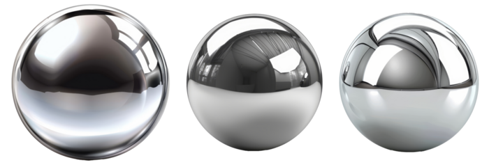 On a white background, a realistic chrome steel ball is shown