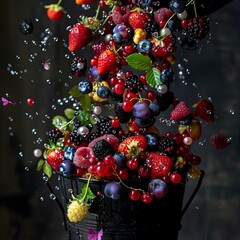 Ripe Berries and Dewdrop Pearls Tumbling into a Sleek Black Resin Bucket