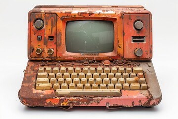 Old personal computer isolated on white background. Retro desktop technology from early computing era.