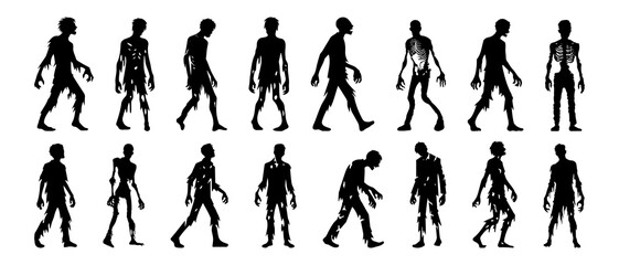 Collection of halloween silhouettes decorations icon and character. Witch, vampire, demon, creepy and spooky elements. Zombie man silhouette black filled vector Illustration icon.