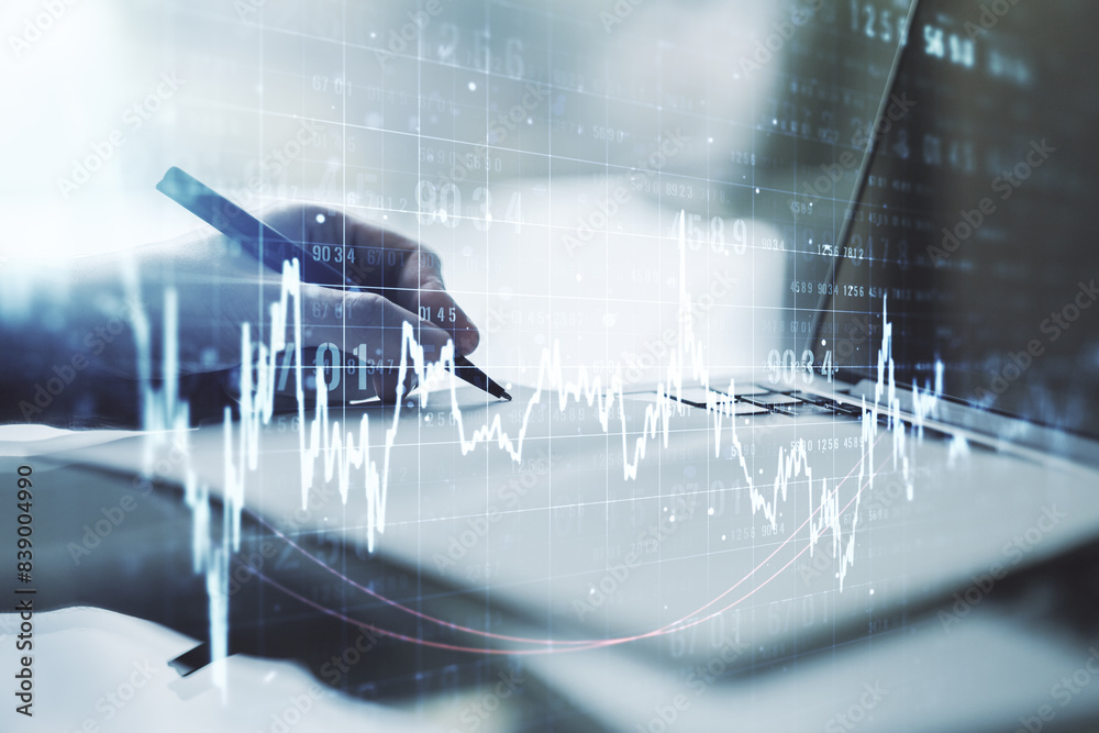 Poster multi exposure of abstract creative financial graph with hand writing in notepad on background, fore