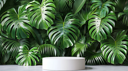 Obraz premium A white pedestal is placed on a table in front of a green wall with large leaves