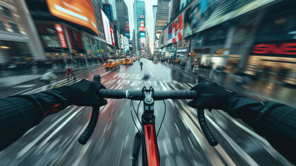 Obraz premium Urban Cycling Adventure, First-Person Perspective in a Bustling City