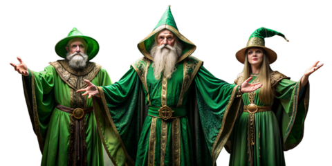 three wizards wearing elaborate green robes with gold trim, each wearing a wizard's hat