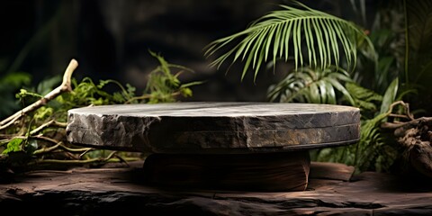 Obraz premium Stone table in jungle setting for product display visually appealing. Concept Outdoor Display, Natural Setting, Jungle Theme, Stone Table, Visual Appeal