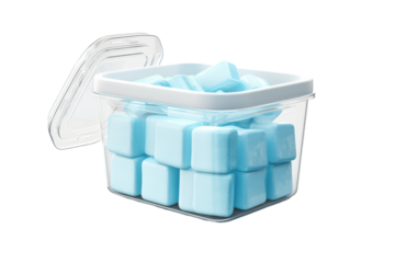 Oceanic Symphony: A Plastic Container Overflowing With Blue Cubes on a White or Clear Surface PNG Transparent Background..