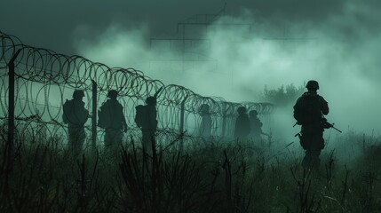 Intimidating barbed and razor wire fence, with silhouettes of military personnel, shrouded in a mysterious aura