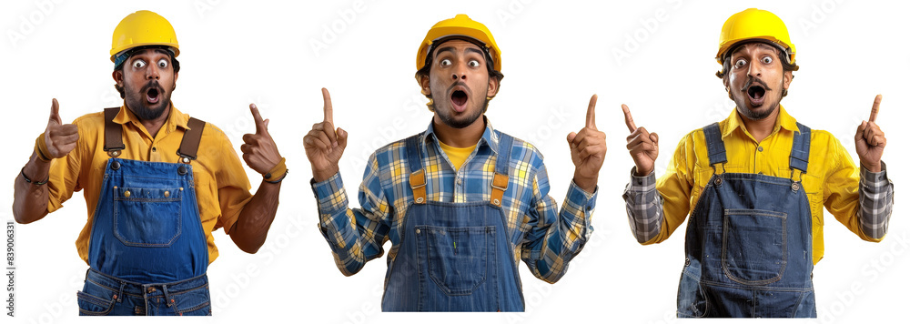 Poster in amazement, a young indian builder in a hard hat and overalls points with his hands to the side ag