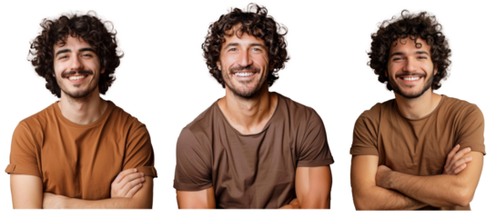 Isolated over brown background, happy man with curly hair smiling toothily keeps arms down wearing casual brown t shirt looks cheerful with copy space. Generative AI.
