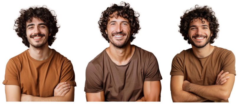 Isolated over brown background, happy man with curly hair smiling toothily keeps arms down wearing casual brown t shirt looks cheerful with copy space. Generative AI.