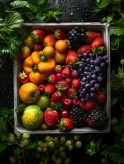 Aerial Perspective of Ripe Fruits and Vegetables Artfully Displayed Around a Resin Container