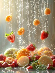 Vibrant Droplets Cascading from Farm-Fresh Fruits and Vegetables into a Resin Container