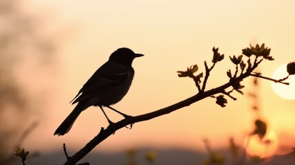A bird perched on a branch at sunset with the sun setting behind it, AI