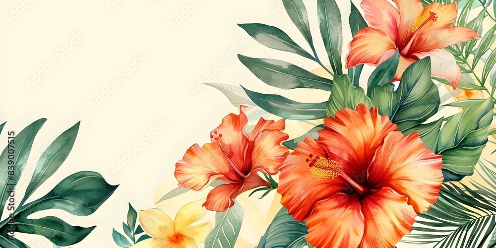 Wall mural Watercolor clipart of exotic flowers for various occasions on a creamy background. Concept Watercolor Clipart, Exotic Flowers, Occasions, Creamy Background - Wall murals