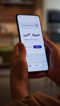 Completing CAPTCHA verification on a smartphone. Proving not to be a bot. Fictional Interface, vertical video.