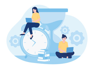 two women studying together in front of a laptop concept flat illustration