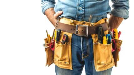 Close-up of a person in denim holding a tool belt with various hand tools. Suitable for construction, DIY, or handyman concepts.