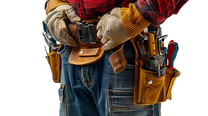 Close-up of a worker in a red plaid shirt with a tool belt, ready for construction or repair. Tools include a hammer, screwdriver, and pliers.