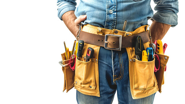 Close-up of a person in denim holding a tool belt with various hand tools. Suitable for construction, DIY, or handyman concepts.