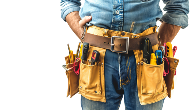 Close-up of a person in denim holding a tool belt with various hand tools. Suitable for construction, DIY, or handyman concepts.