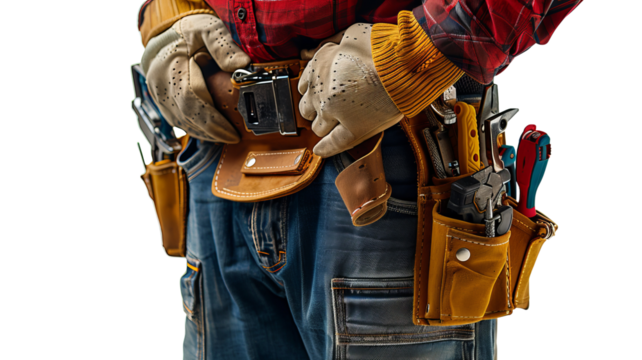 Close-up of a worker in a red plaid shirt with a tool belt, ready for construction or repair. Tools include a hammer, screwdriver, and pliers.