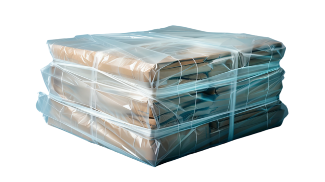 Stack of brown paper-wrapped packages secured with plastic straps, showcasing efficient packaging for shipping or storage.