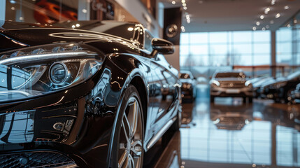 Obraz premium Showroom Display of Luxurious Black Car at Car Dealership