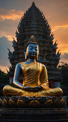 a majestic Buddha statue, seated in a meditative pose, set against a backdrop of a temple with an intricate roof and a sunset sky