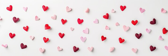A clean white background with scattered tiny pink and red hearts in a minimalist pattern
