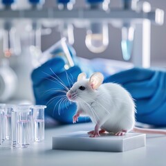 A white mouse is standing on the table with some test tube on background in lab