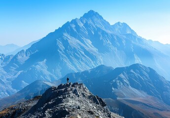 A breathtaking view of a majestic mountain range under a clear blue sky, with a lone hiker standing at the peak. This awe-inspiring image is perfect for adventure, travel, and nature themes.
