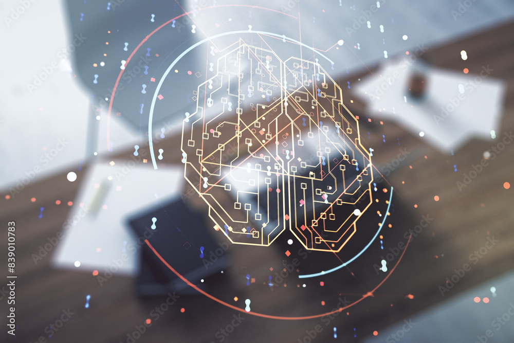 Poster double exposure of creative artificial intelligence symbol and modern desktop with laptop on backgro