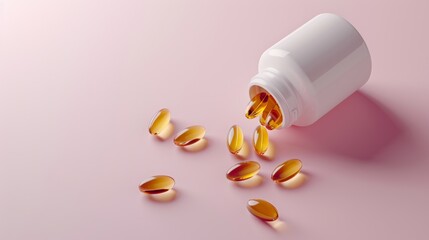 White supplement bottle with fish oil capsules on a pastel pink background