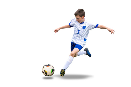 Fototapeta Isolated, transparent young boy kicks a soccer ball