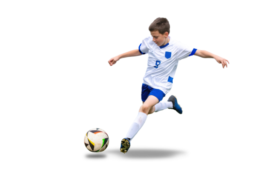 Isolated, transparent young boy kicks a soccer ball