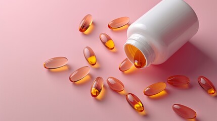 White supplement bottle with fish oil capsules on a pastel pink background