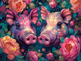 Fototapeta premium Whimsical pig illustration in a floral garden, colorful fantasy pigs with blooming roses, vibrant digital art of farm animals in nature