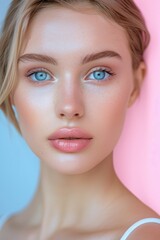 Fototapeta premium Front close up view photo of a young beautiful woman