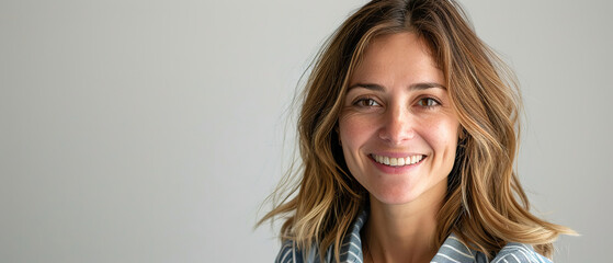 portrait of happy woman in her thirties, shoulder length brown hair with blonde highlights, blue and white striped shirt on light grey background, soft studio lighting