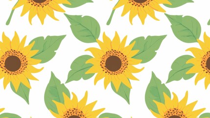 Sunflower with green leaves, pattern on white background, simple shapes