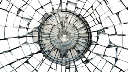 broken glass with a pattern of cracks that radiate from the center, creating an intricate spider web-like structure