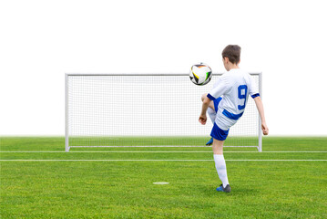 Soccer player juggling a ball on a field with a goal in the background. Perfect for sports, training, youth, and fitness content. Ideal for active lifestyle promotion