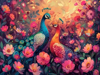 Fototapeta premium Vibrant peacock couple illustration, colorful birds in a blooming flower garden, whimsical digital art of peacocks and pink floral blossoms