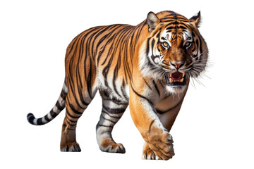 Majestic Tiger Striding Through a Blank Canvas on a White or Clear Surface PNG Transparent Background..