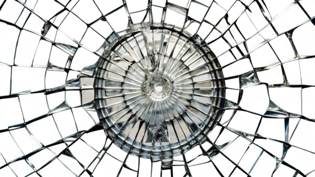 broken glass with a pattern of cracks that radiate from the center, creating an intricate spider web-like structure