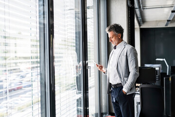 Mature businessman standing at the window in office holding cell phone