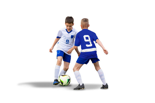 Isolated, transparent young football player skillfully dribbles past an opponent in a match between youthful teams